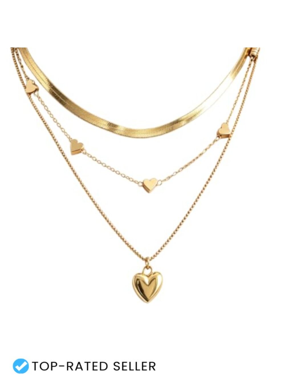 Gold Plated Layered Heart Necklace Set for Women - 3 Pack Stainless Steel